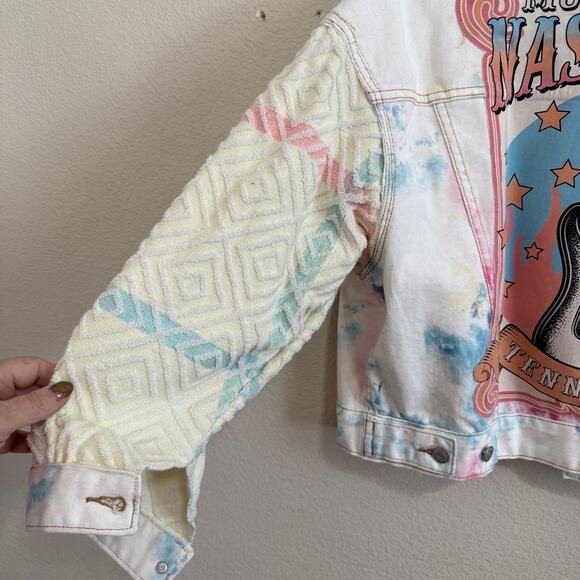 Upcycled Wild Fable Pastel Tie Dye Trucker Jacket w/Graphic & Towel Sleeves XL - Picture 6 of 12